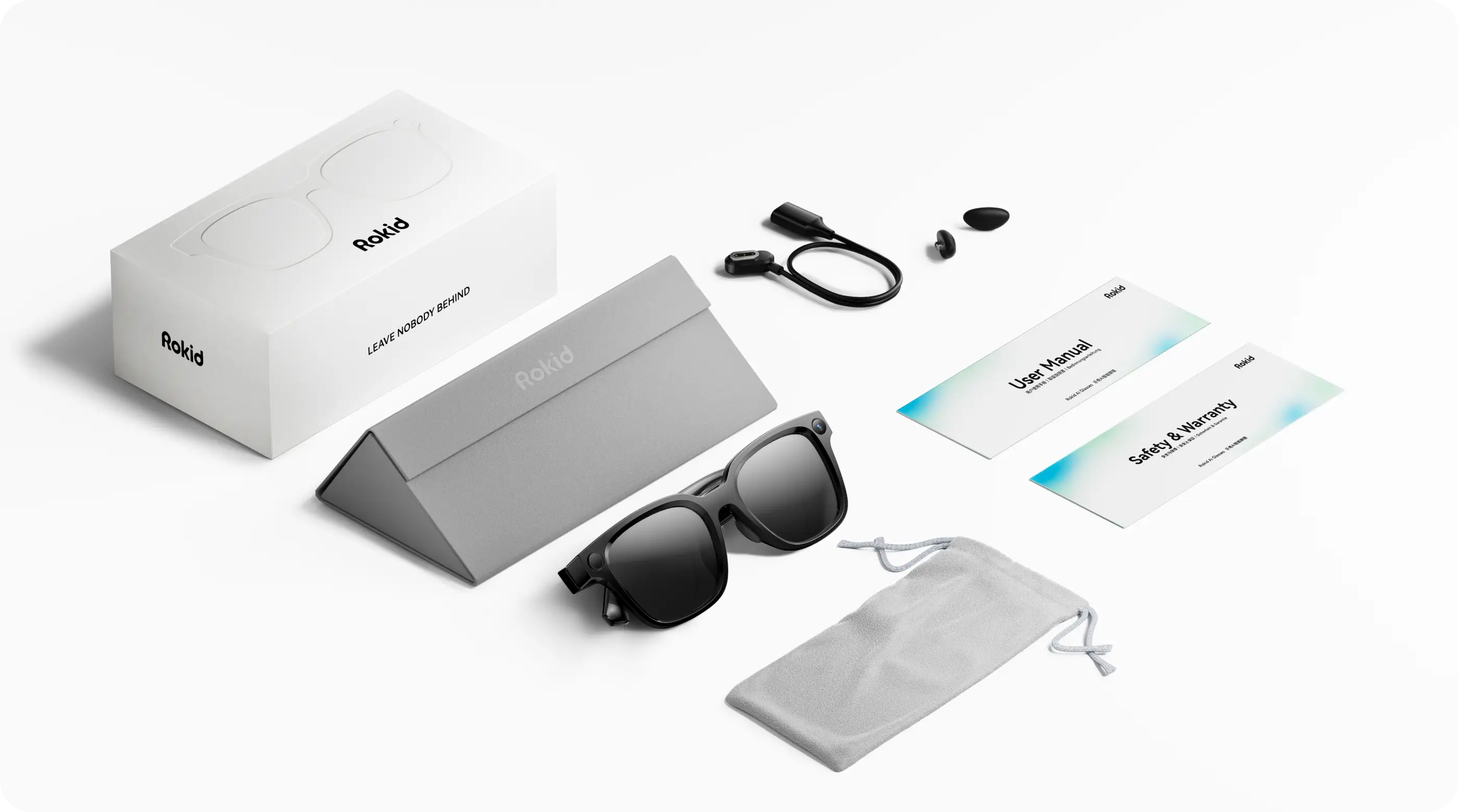 Complete Rokid AI Style package — glasses, case, cable, documentation